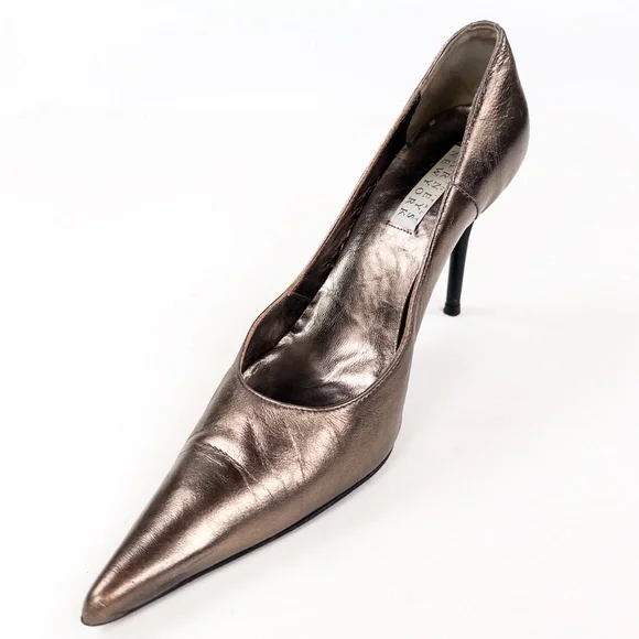 Barneys New York Audrey Dark Bronze Metallic Pointed Toe Pumps Made in Italy - Picture 2 of 8